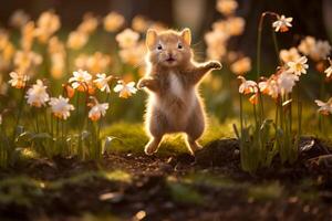 Cute squirrel standing up in a field of flowers photo