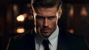 serious businessman in suit with intense expression photo