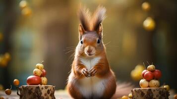 Curious squirrel surrounded by autumn apples photo