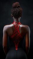 Striking back view of a person wearing a red criss cross harness top photo