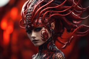 Futuristic cyborg woman with intricate red and black armor photo