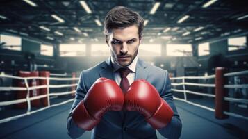 Determined businessman in boxing gloves standing in boxing ring photo
