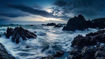 dramatic seascape with rocky cliffs at sunset photo