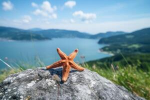Starfish on a rock overlooking a scenic lake photo