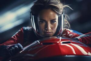 Determined race car driver in red uniform and helmet photo