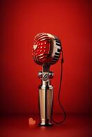Retro microphone with polka dot design on red background photo