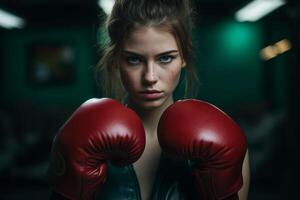 Determined female boxer with intense expression photo