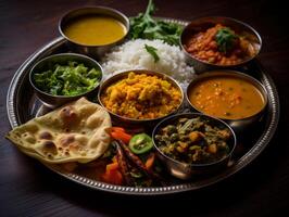 Assortment of traditional indian dishes on a plate photo