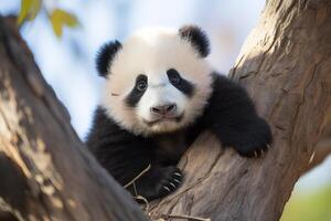 Adorable panda bear resting on tree trunk photo