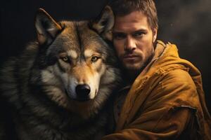 Man and wolf in a dark, moody setting photo