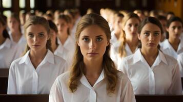 group of serious female students in classroom photo