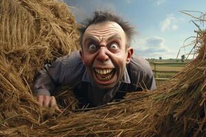 Funny man with exaggerated facial expression in a hay field photo