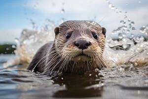 Curious otter swimming in water photo