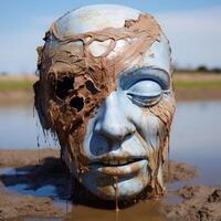 Weathered and muddy face sculpture in a natural setting photo