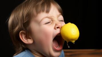 young child making a sour face while biting into a lemon photo