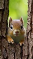 Curious squirrel peeking from tree trunk photo