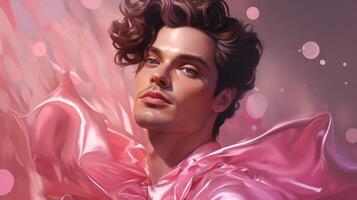glamorous portrait of a person with curly hair in a pink outfit photo