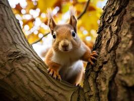 curious squirrel peeking out from tree trunk photo