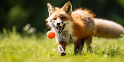 Playful red fox with ball in grassy field photo