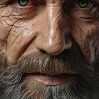 Extreme close up of an aged, weathered face with intense eyes photo