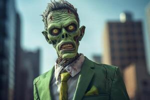 Scary green zombie businessman with glowing eyes and sharp teeth photo