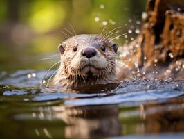 Curious otter swimming in river photo