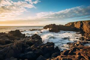 Dramatic ocean waves crashing against rocky coastline at sunset photo