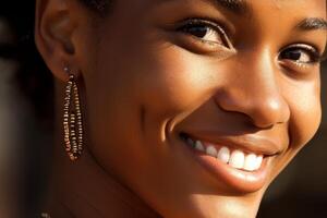 close up portrait of a smiling woman with beautiful skin photo