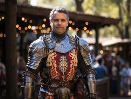 medieval knight in full armor standing in a festive outdoor setting photo