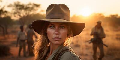 Portrait of a determined adventurer in the wilderness photo