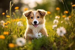 Adorable puppy in a field of flowers photo