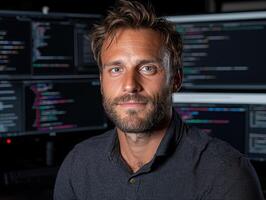 Portrait of a software developer working late at night photo