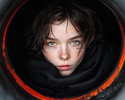 Close up portrait of a young woman with freckles and green eyes, peering from a dark tunnel photo