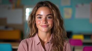 Portrait of a young woman with freckles smiling in a classroom photo