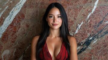 Portrait of a beautiful young woman with long dark hair, wearing a red dress against a marble background photo