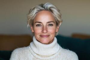 Portrait of a smiling middle aged woman with short blond hair photo