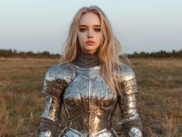 Female knight in shining armor standing in a field photo