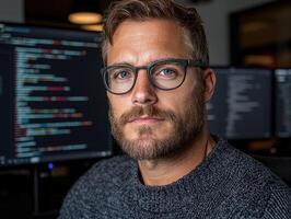Portrait of a focused programmer working late at night photo