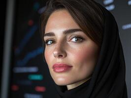 Close up portrait of a woman wearing a hijab, looking directly at the camera photo