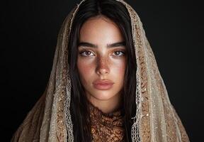 Portrait of a young woman with freckles wearing a veil photo