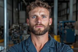Portrait of a serious looking man in a factory setting photo