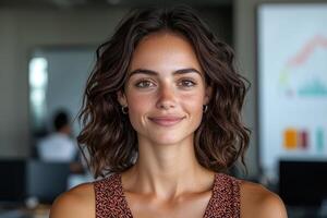 Portrait of a young woman with freckles and a warm smile photo