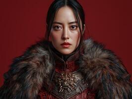Portrait of a warrior woman in red armor and fur cloak photo