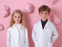Two kids in lab coats against a pink background photo
