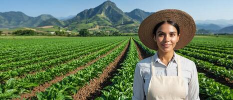 Smiling female farmer standing in a potato field photo