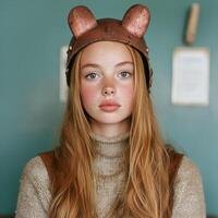 Portrait of a young girl wearing a copper helmet with ears photo