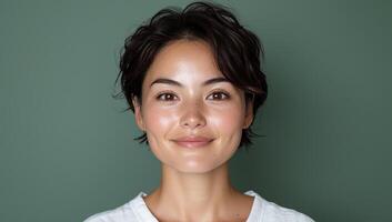 Portrait of a young woman with short hair and freckles smiling at the camera photo