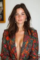 Beautiful woman with freckles wearing a colorful blazer photo