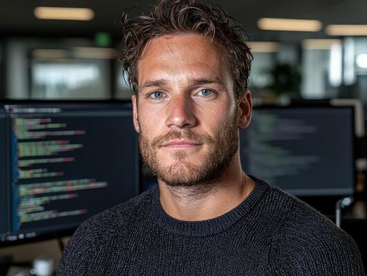 Portrait of a young male software developer in his office
