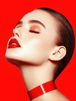 Close up of a womans face with red lipstick and a red ribbon around her neck against a red background photo